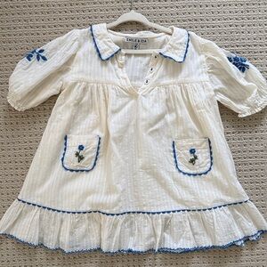 Emile & Ida Cream Dress with Blue Embroidery